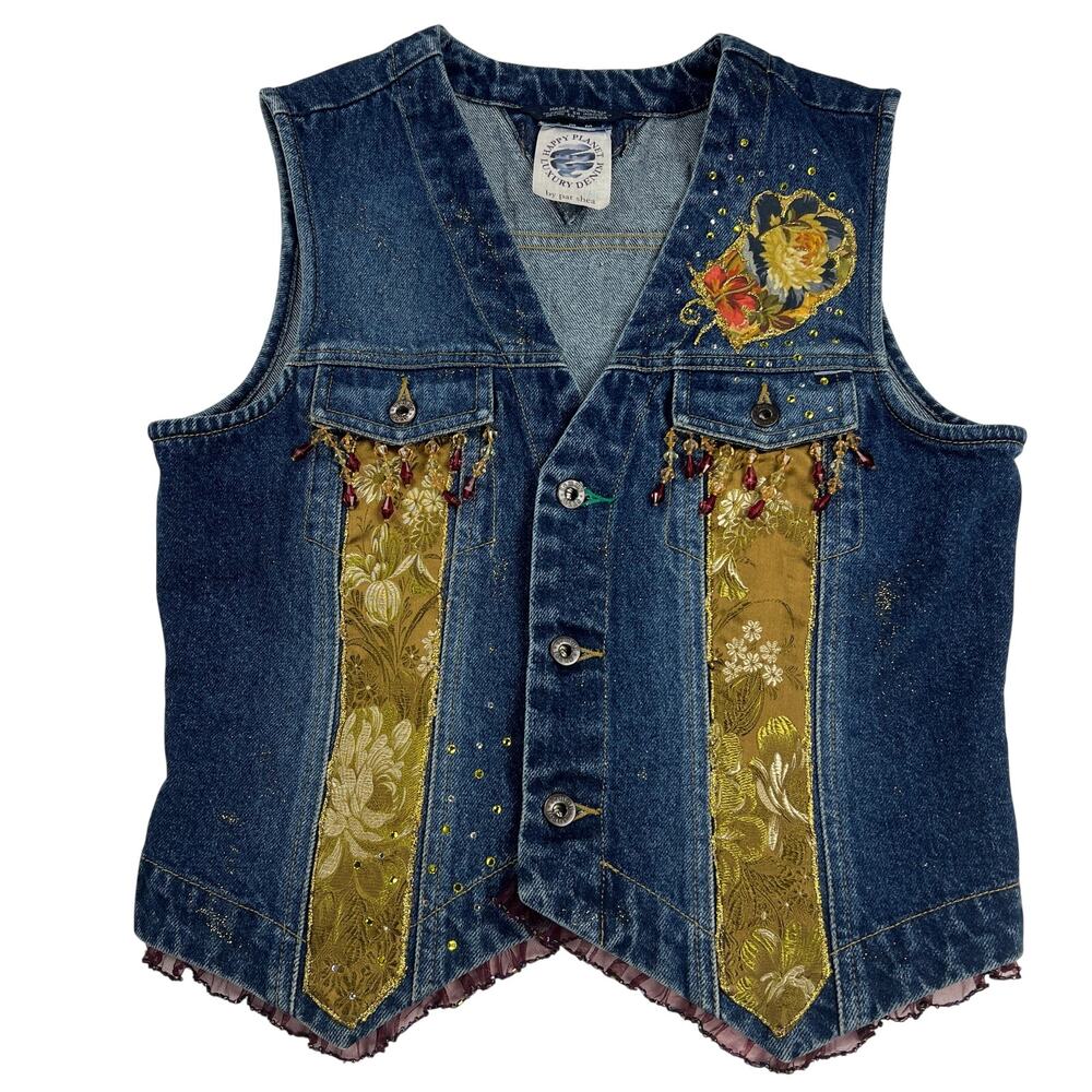 Happy Planet Luxury Denim Pat Shea Upcycled Beaded Brocade Denim Vest Size M